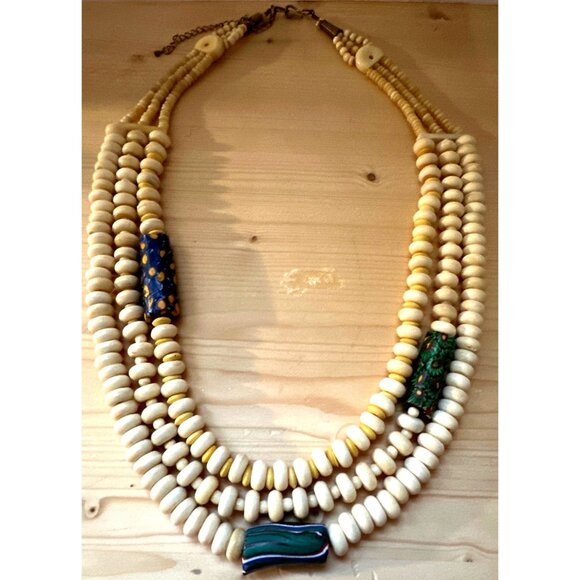Vintage Venetian African Trade Bead Necklace Glass Carved Bone Layers Millefiori - Picture 5 of 12